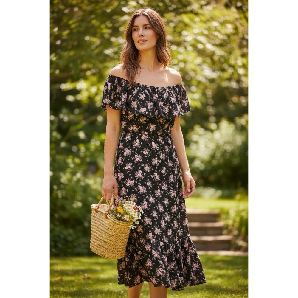 LuLaRoe Black Floral Ruffled Off The Shoulder Flounce Stretchy Medi Dress 3XL